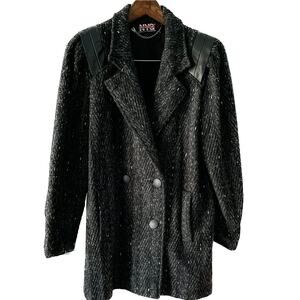 Vintage 80s marled wool double breasted pea coat leather shoulders size medium M